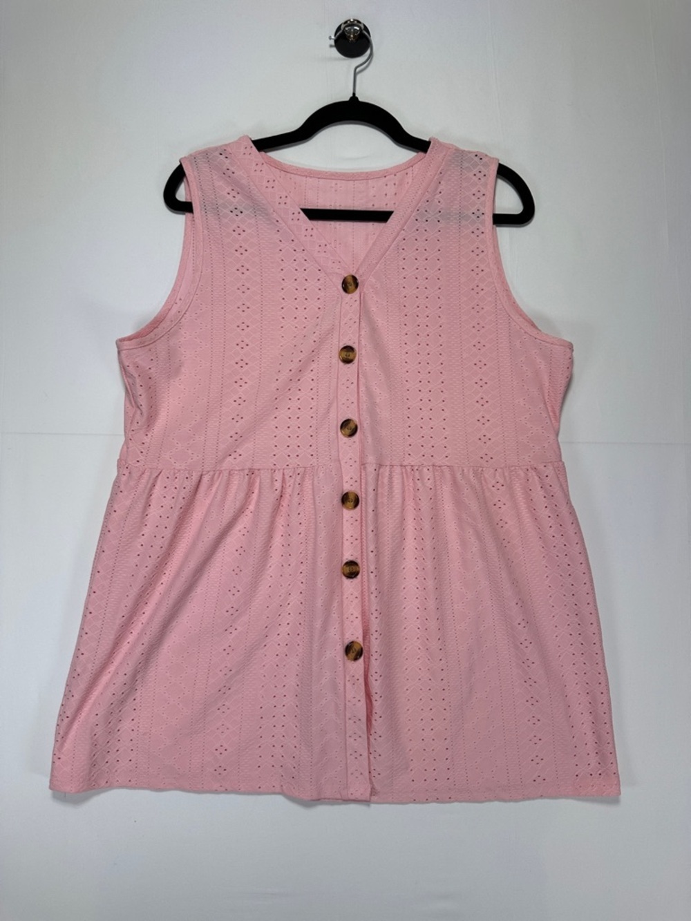 Pink Eyelet Babydoll Tank Button Front Sleeveless Blouse Boho Summer Top XL
